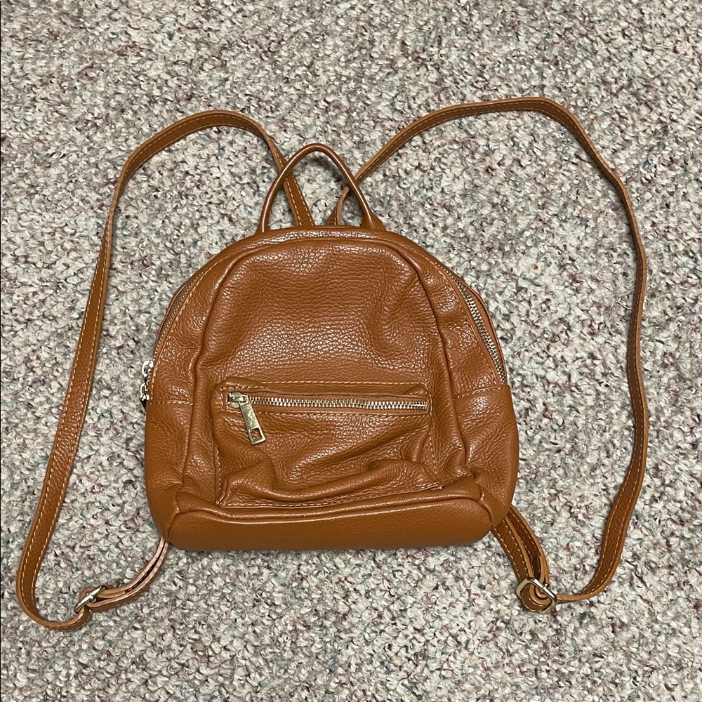Italian leather/made light brown Leather Backpack with gold hardware and handle